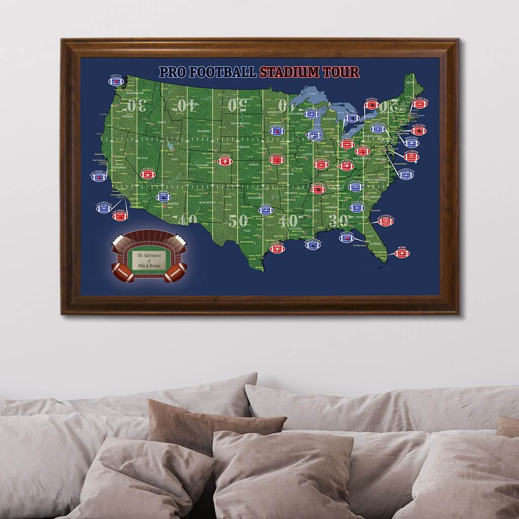 US Football Stadiums Pin Map with Pins in Brown Frame