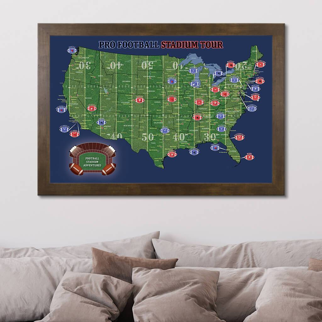US Football Stadiums Pin Map with Pins with Rustic Brown Frame