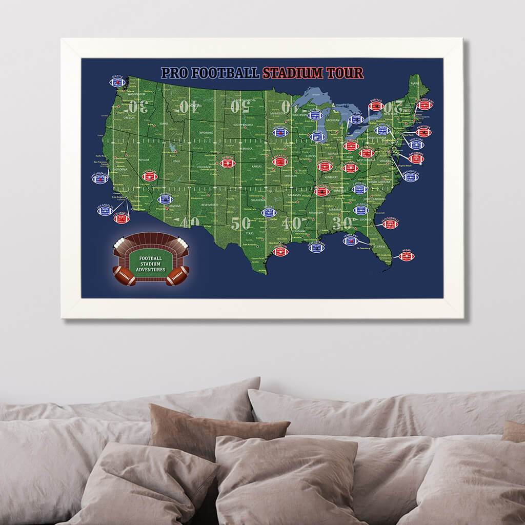 US Football Stadiums Pin Map with Pins in Textured White Frame
