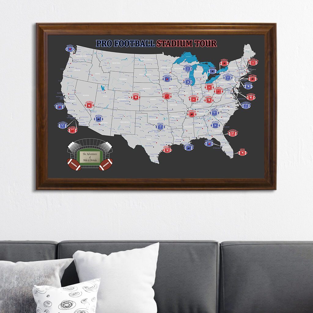 Black and Gray NFL Stadiums Travel Map with Pins in Brown Frame