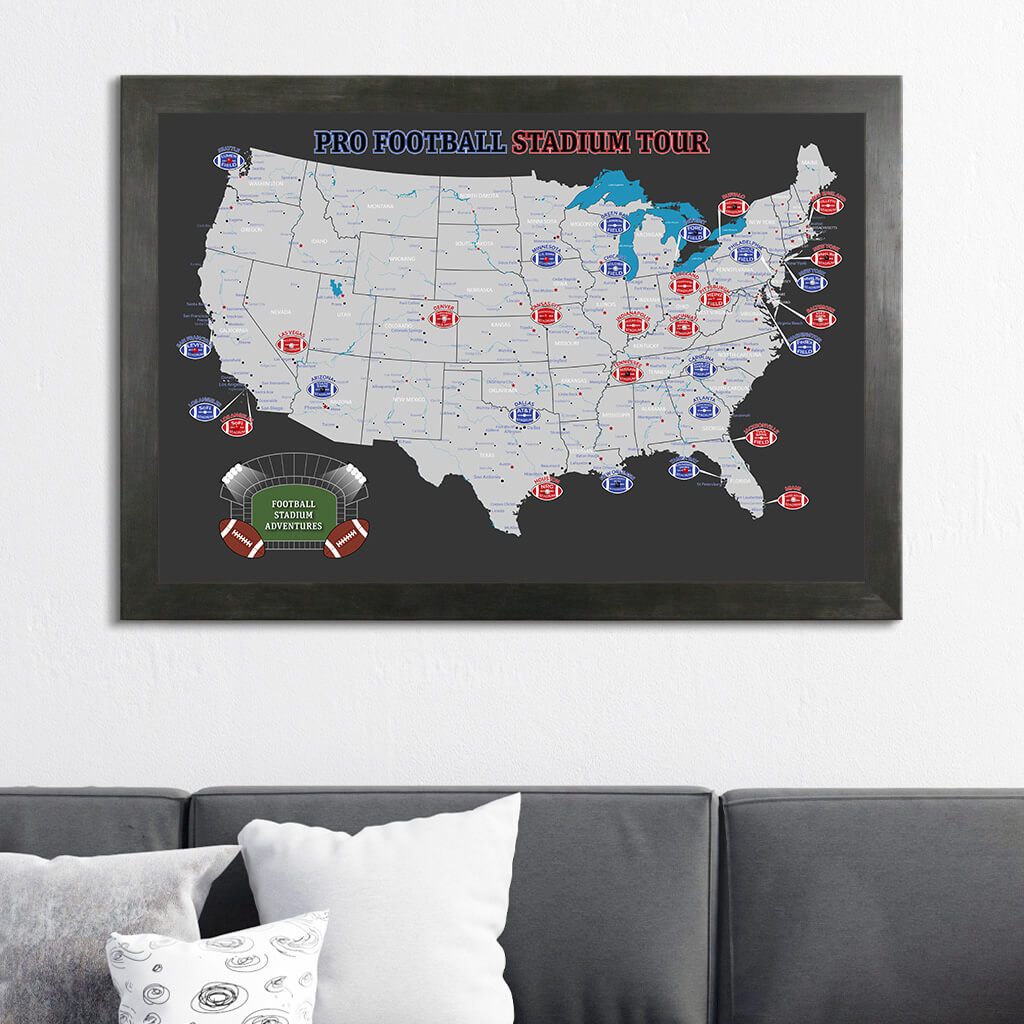 Black and Gray NFL Stadiums Travel Map with Pins in Rustic Black Frame