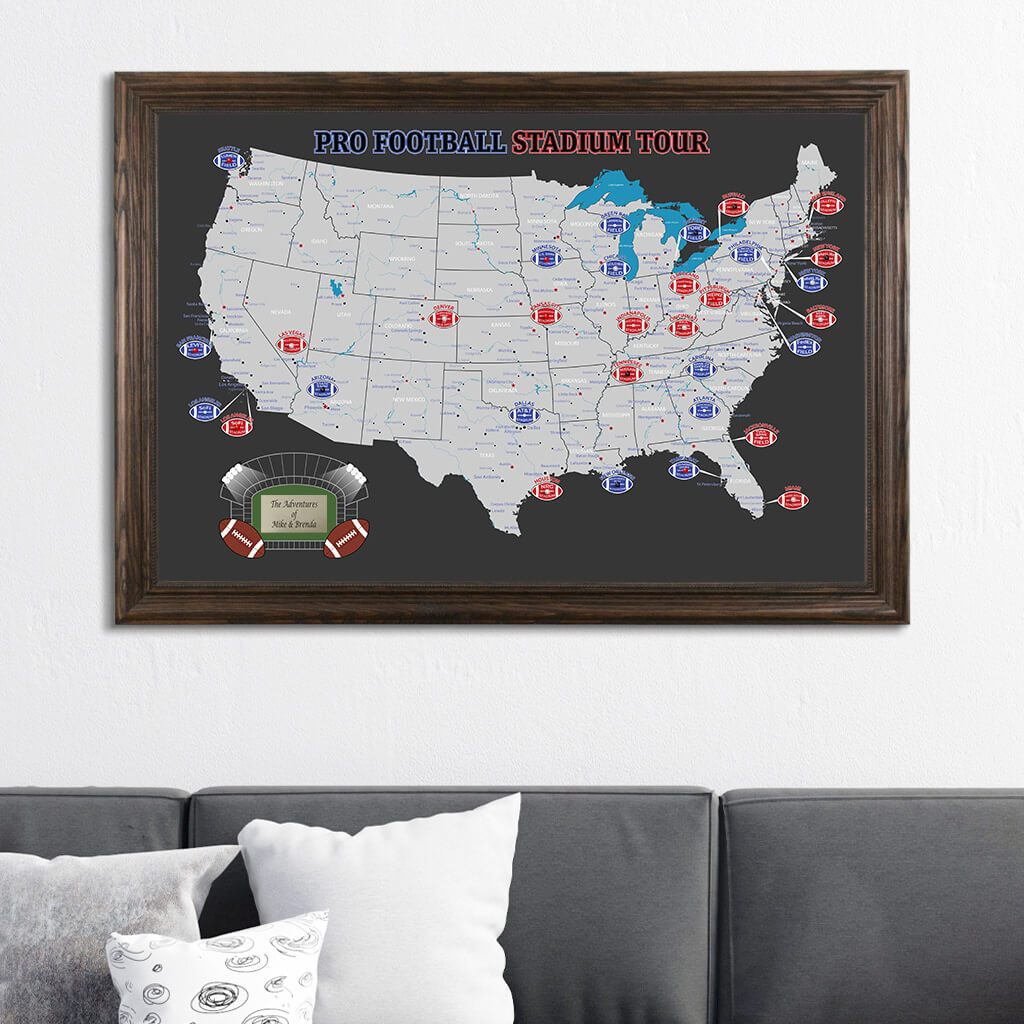 Black and Gray NFL Stadiums Travel Map with Pins with Solid Wood Brown Frame