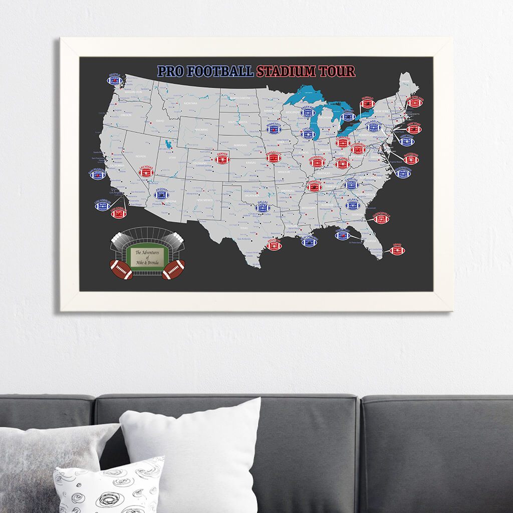 Black and Gray NFL Stadiums Travel Map with Pins in Textured White Frame