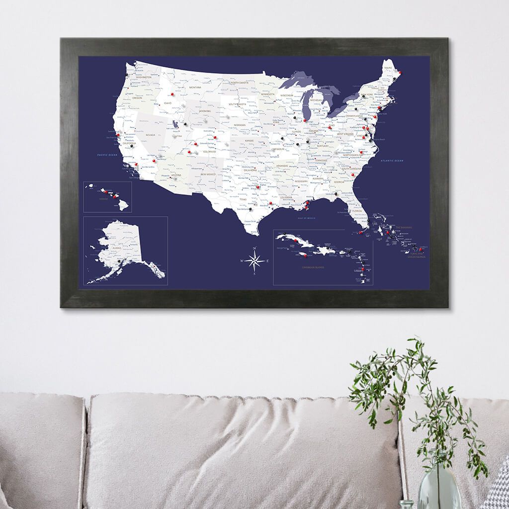 Navy Explorers USA Caribbean Travelers Map in Rustic Black Frame