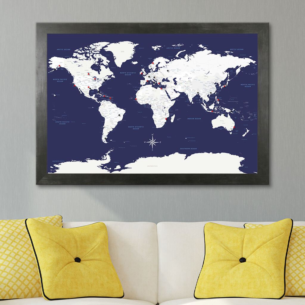 Navy Explorers World Pin Map in Rustic Black Frame