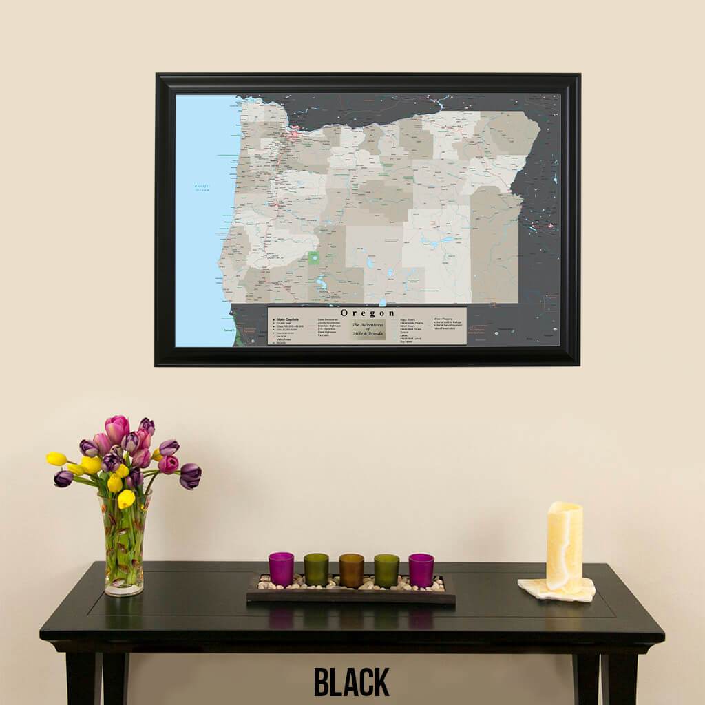 Earth Toned Oregon State Pin Travel Map Black Frame