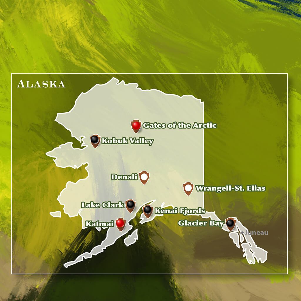 Closeup of Alaska Inset on National Parks Watercolor Map
