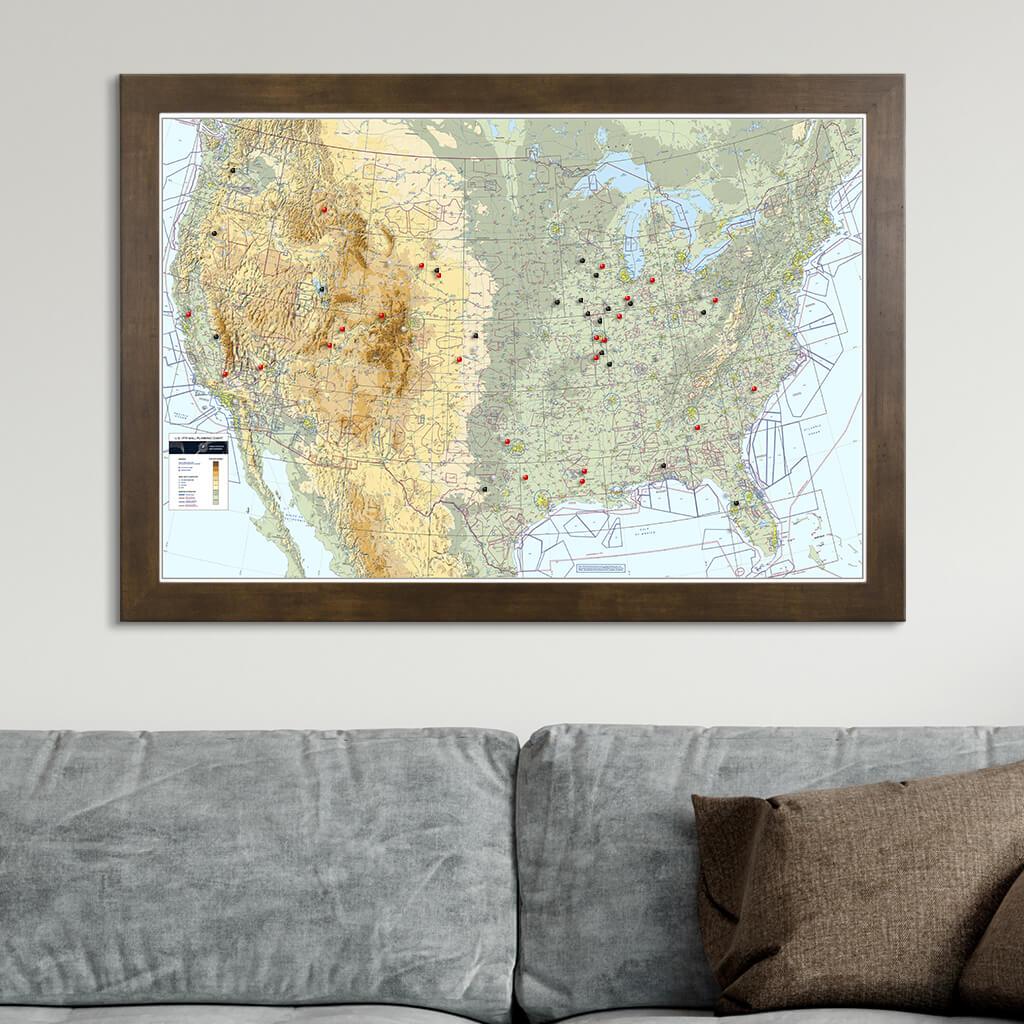 Push Pin Travel Maps Pilot&#39;s USA VFR Flight Map in Rustic Brown Frame