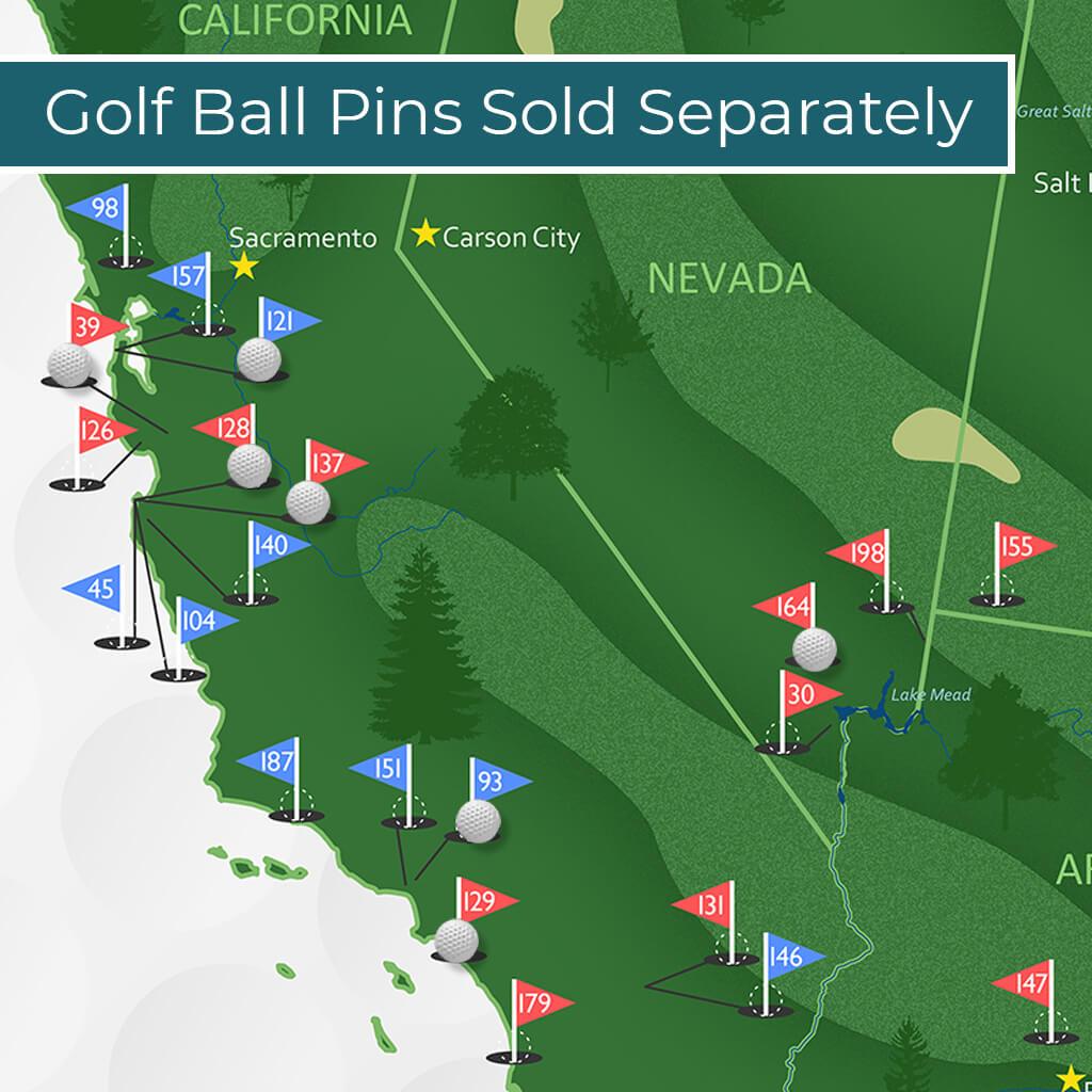 Close-up of US golf courses travel map showing California Nevada pin locations with numbered flags and golf ball pins