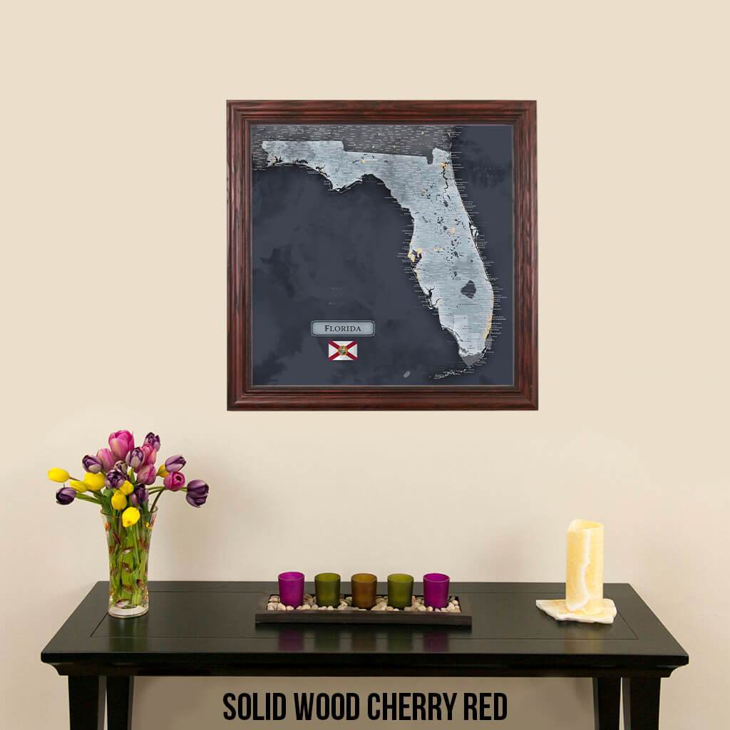 Push Pin Travel Maps Florida Slate Map in Elegant Solid Wood Cherry Frame