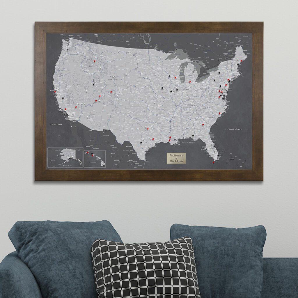 Stormy Dreams USA Push Pin Travel Map with Rustic Brown Frame