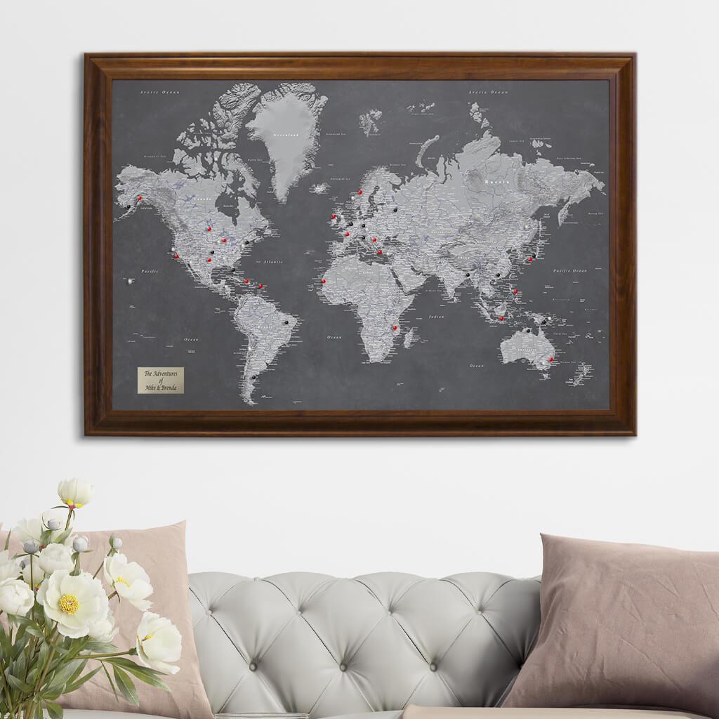 Stormy Dreams World Push Pin Travel Map in Brown Frame