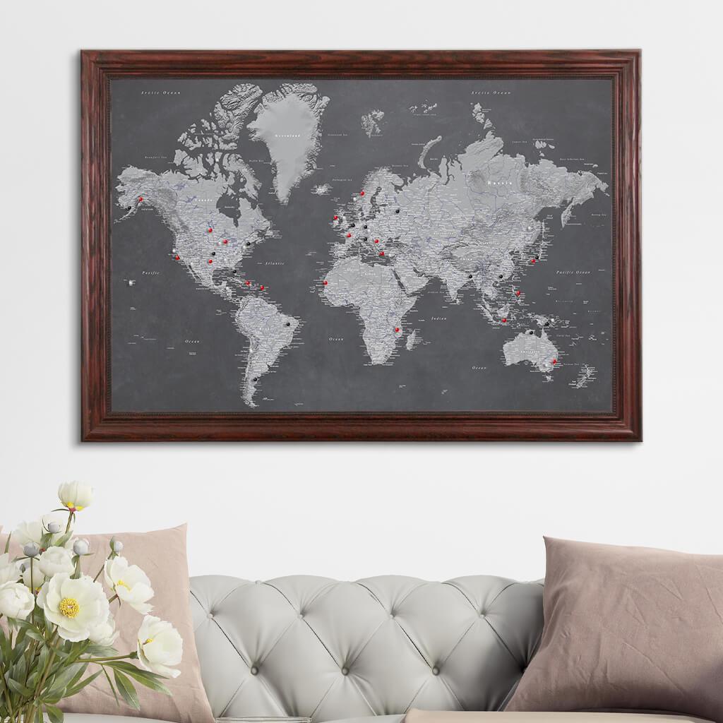 Stormy Dreams World Push Pin Travel Map in Solid Wood Cherry Frame