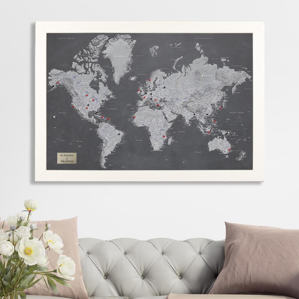 Stormy Dreams World Push Pin Travel Map with Pins in Textured White Frame