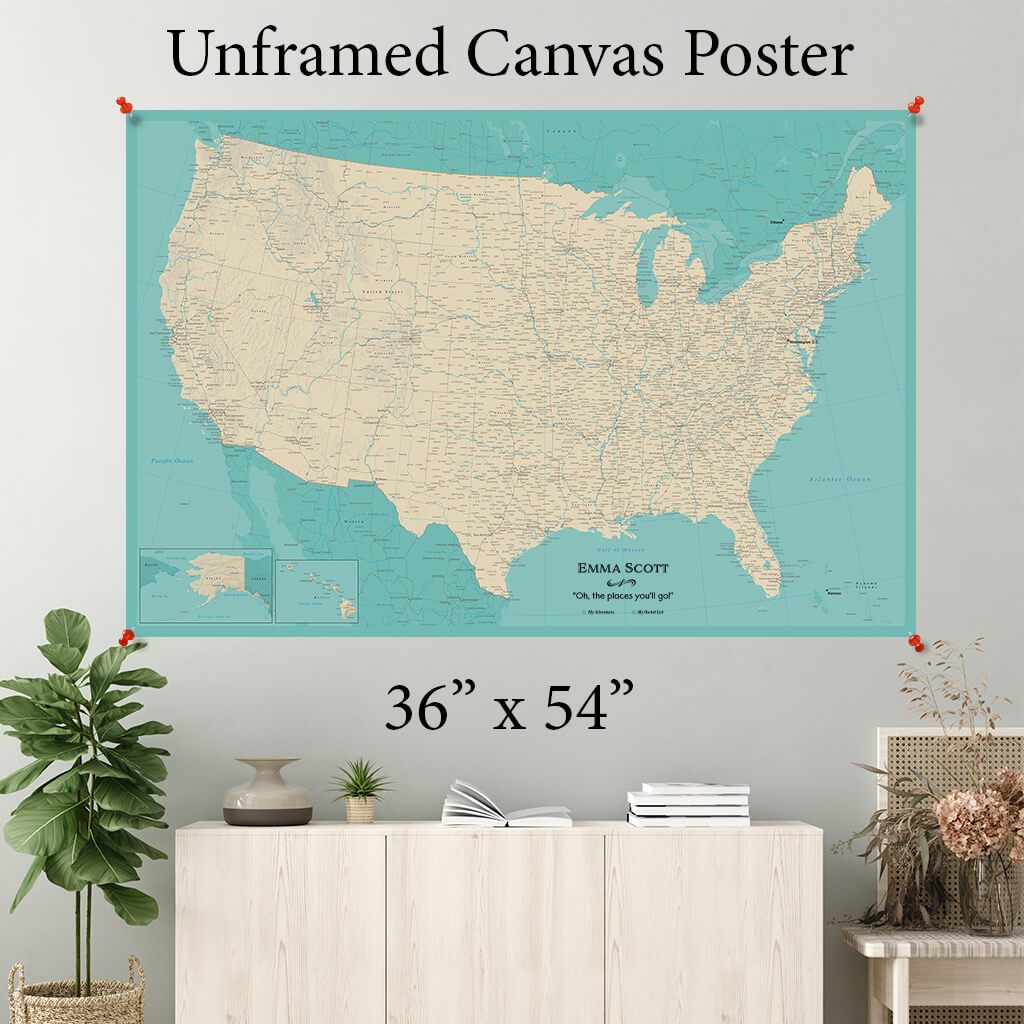 Teal Dream USA Canvas Map Poster 36 x 54