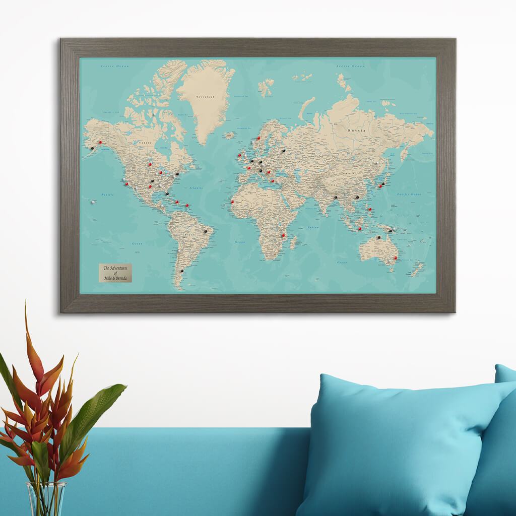 Teal Dream World Travel Pin Map in Barnwood Frame
