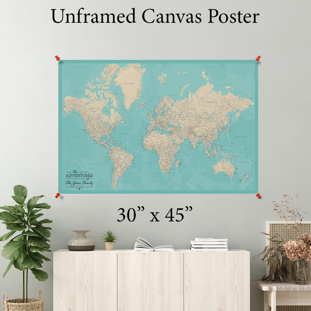 Teal Dream World Canvas Map Poster 30 x 45