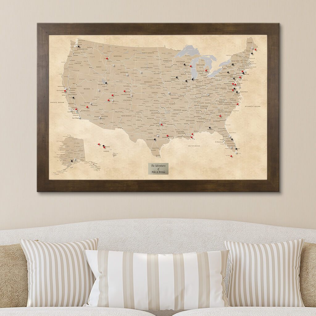 Vintage USA Travel Map in Rustic Brown Frame