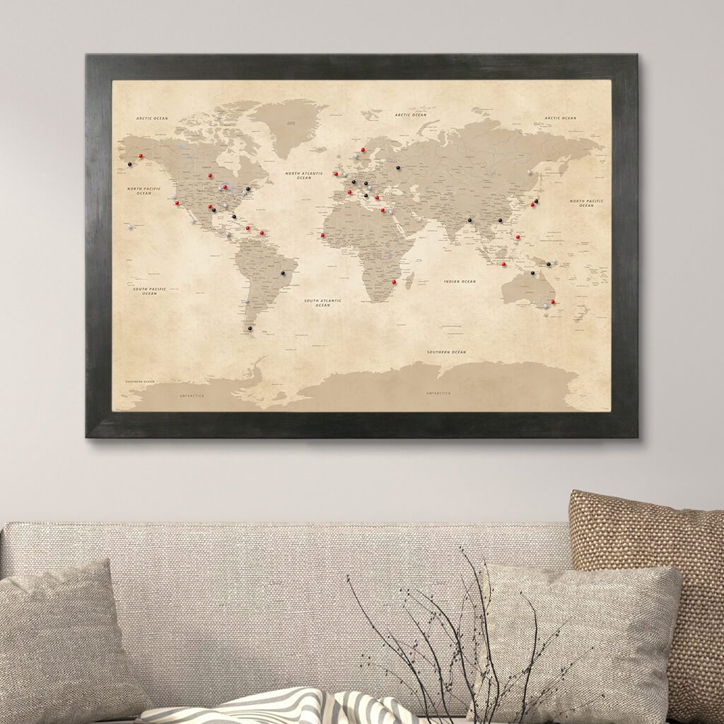 Vintage World Pin Map with Rustic Black Frame