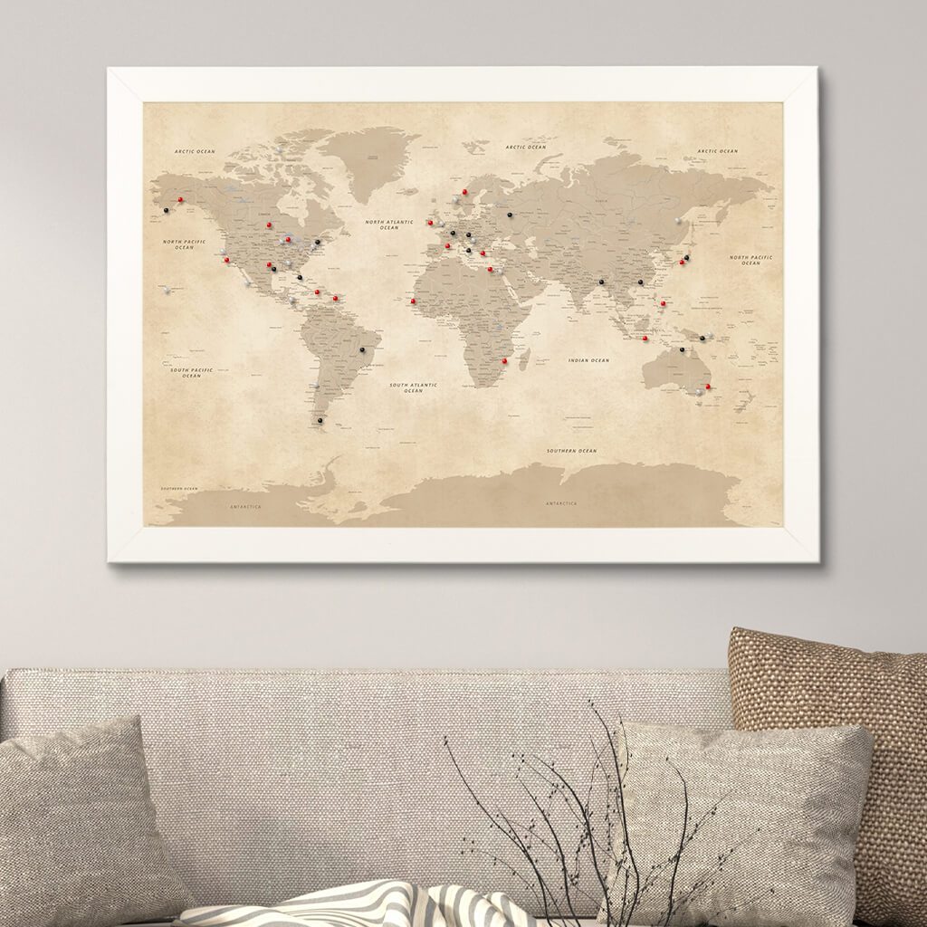 Push Pin Travel Maps Vintage World Map in Textured White Frame