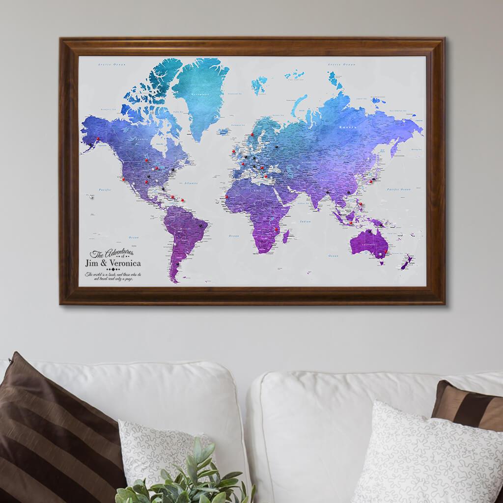 Canvas Vibrant Violet World Map in Brown Frame