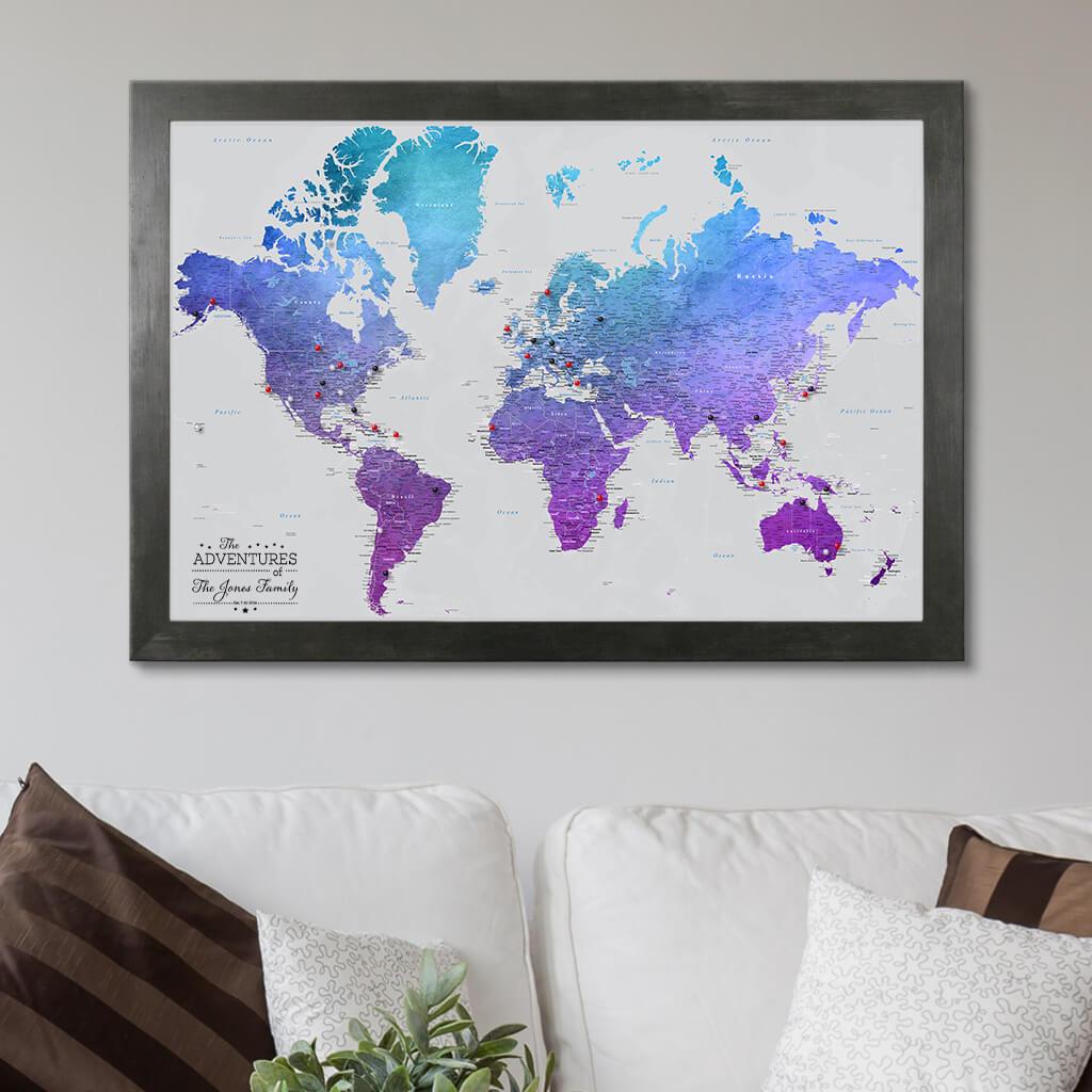 Canvas Vibrant Violet World Map in Rustic Black Frame