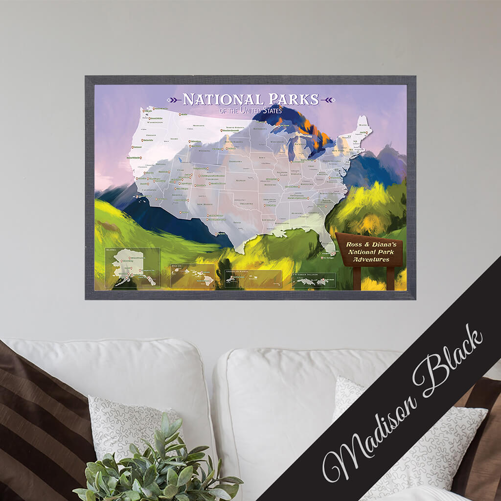 Canvas National Parks Watercolor Travel Map - Premium Madison Black Frame