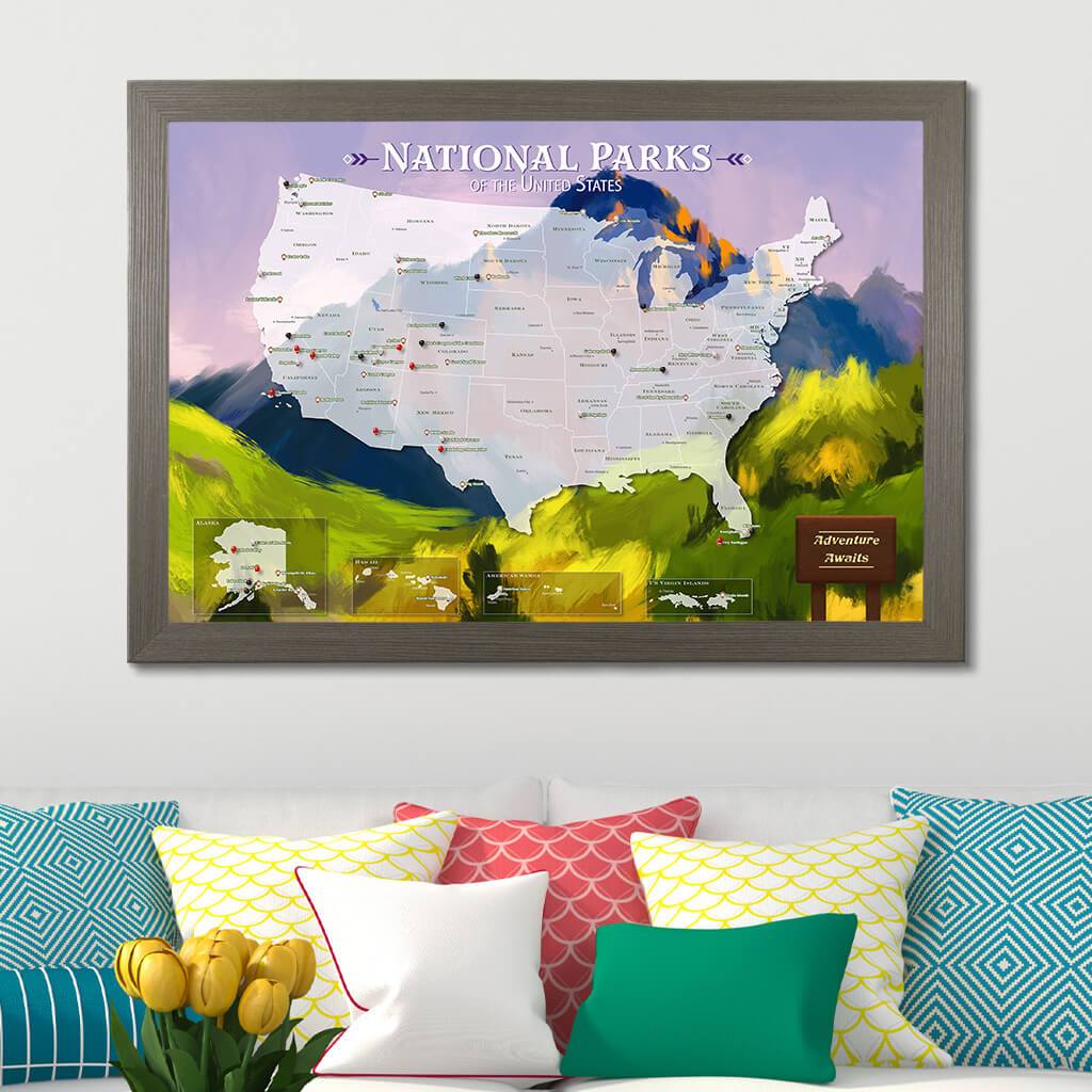National Parks Watercolor Travelers Map in Barnwood Gray Frame