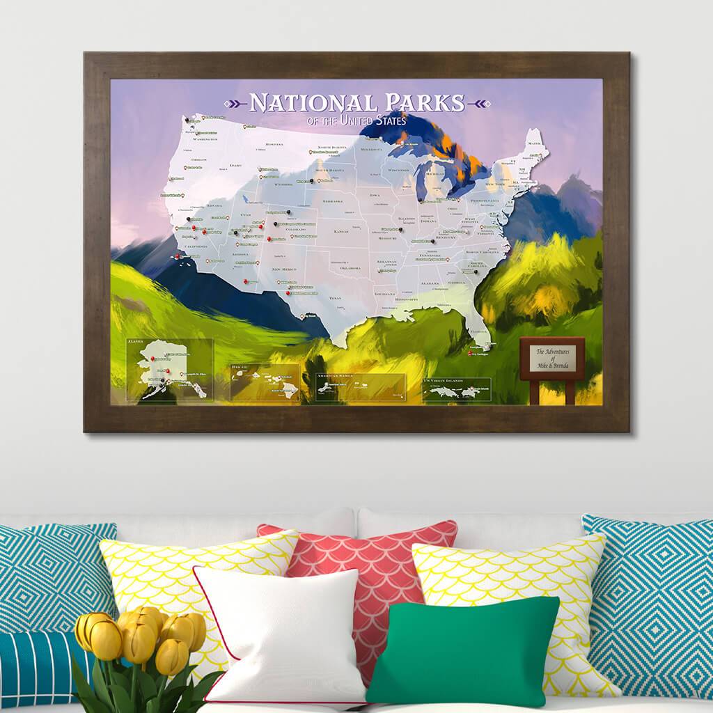 National Parks Watercolor Map with Rustic Brown Frame