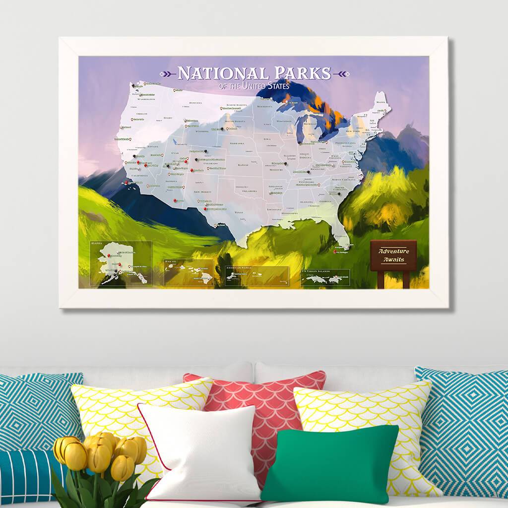 National Parks Watercolor Map in Textured White Frame