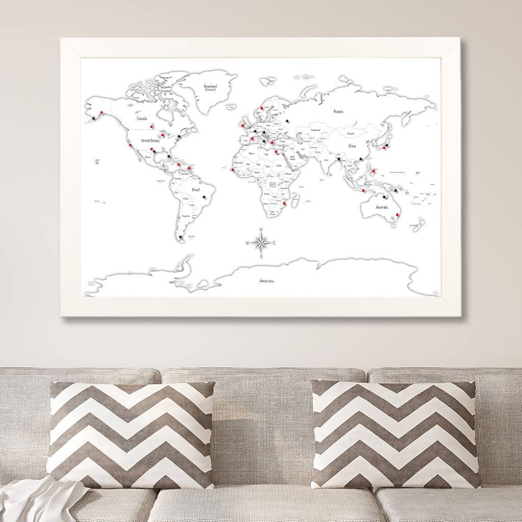 Black &amp; White Hand-Drawn Illustrative World Map with Pins Textured White Frame