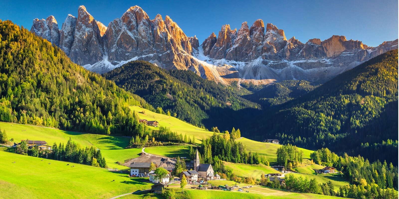 Santa Maddalena village with magical Dolomites mountains in background, Val di Funes valley, Trentino Alto Adige region, Italy, Europe 