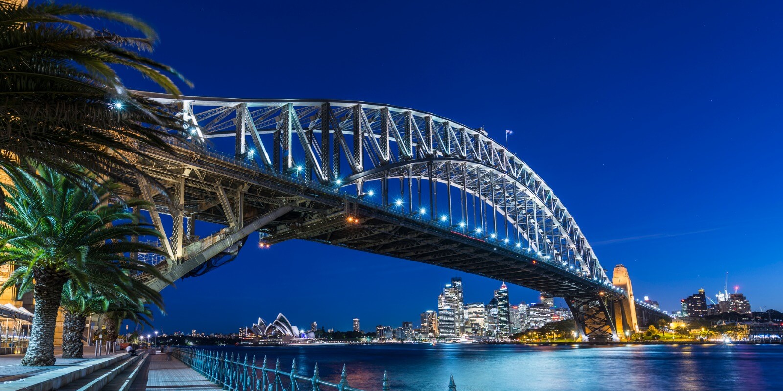 Sydney, AU skyline at night, view from under Harbour Bridge