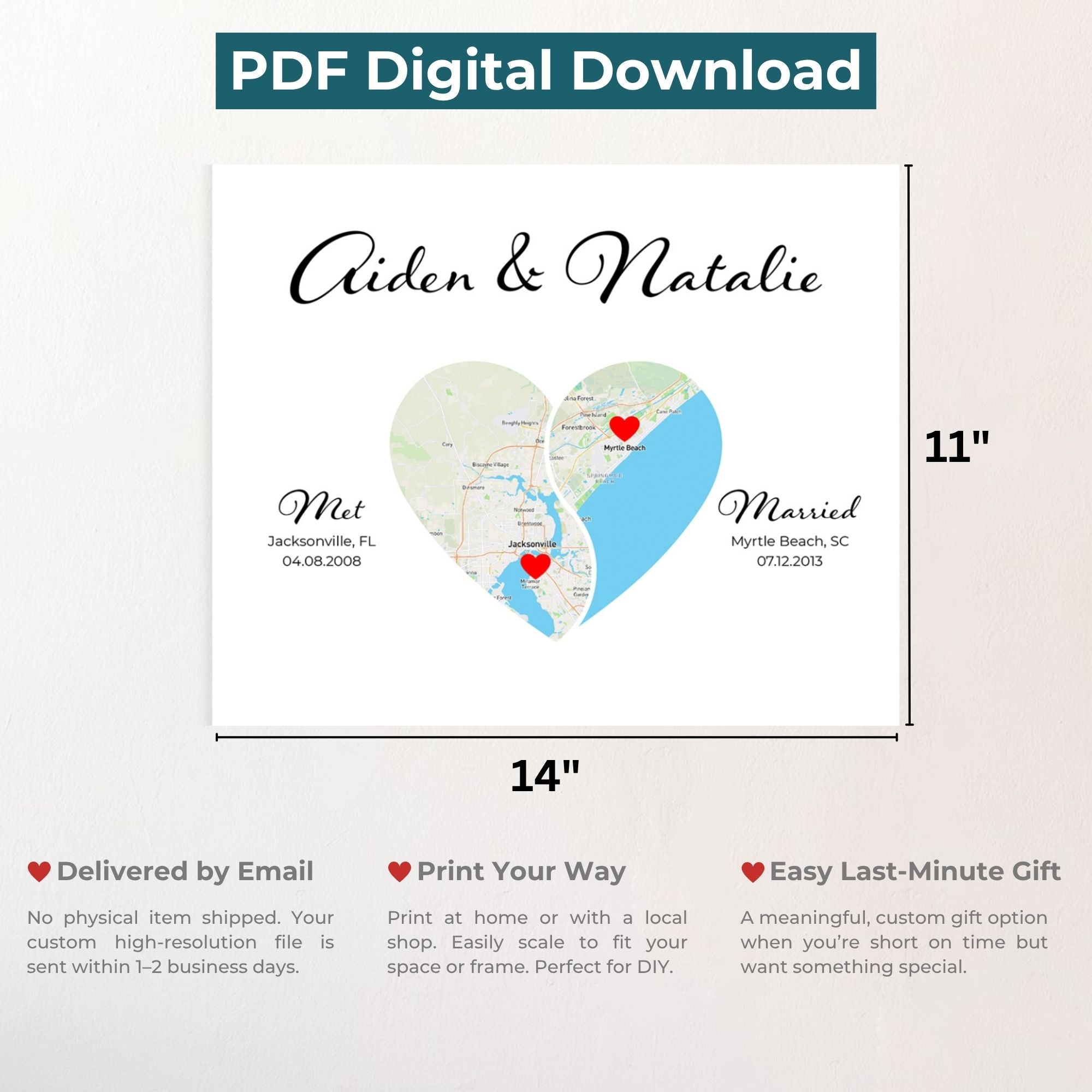 Custom Yin Yang Heart Map | Long Distance Relationship Gift | Option 4