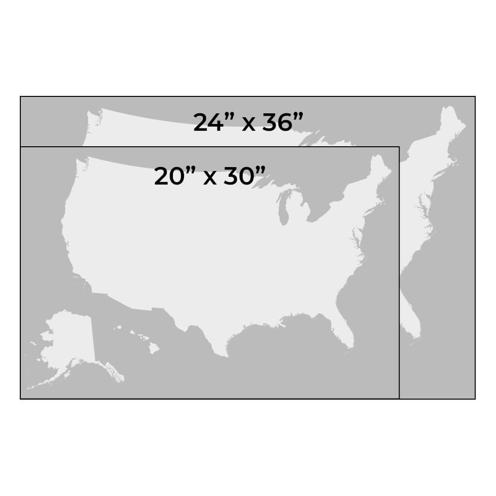 Size Comparison of 20X30 and 24X36 inch gallery wrapped map sizes