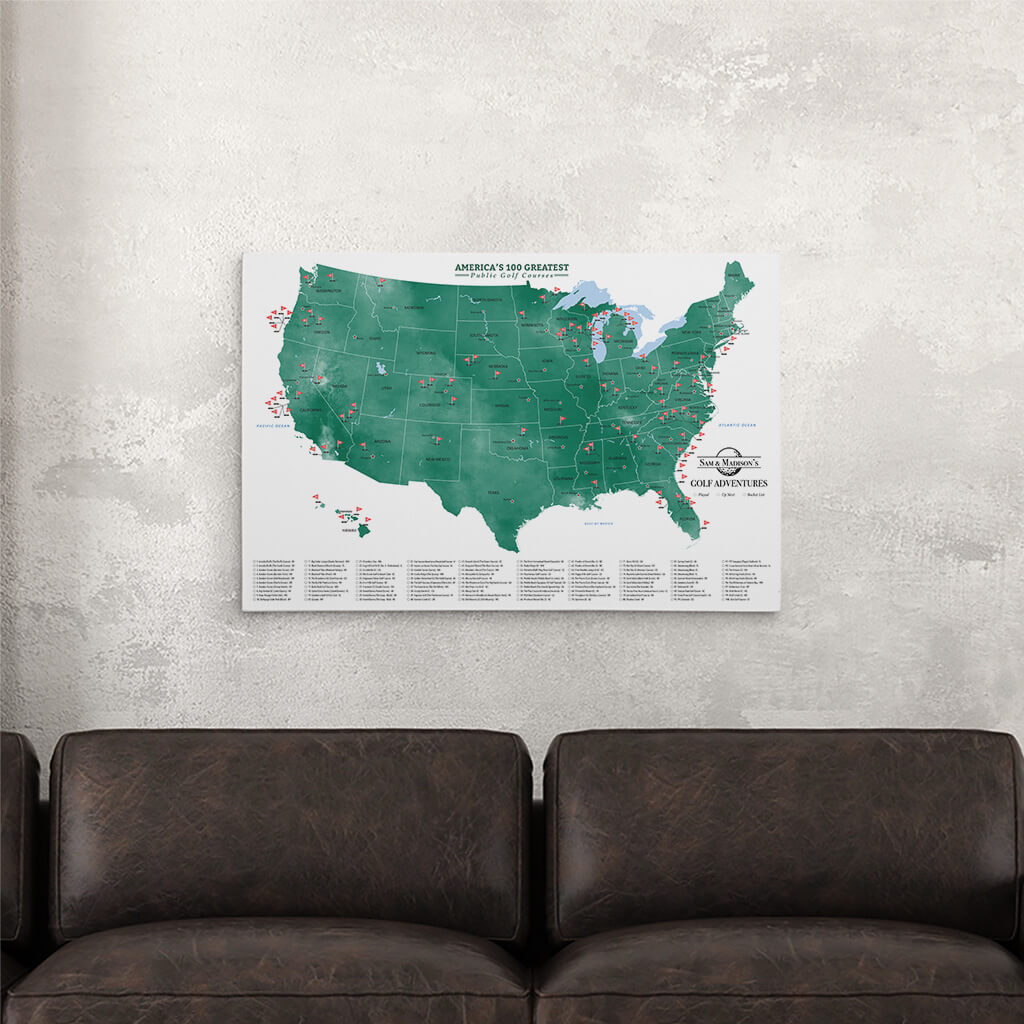 Gallery Wrapped Canvas Map of America's Top 100 Public Golf Courses - 20 inches by 30 inches