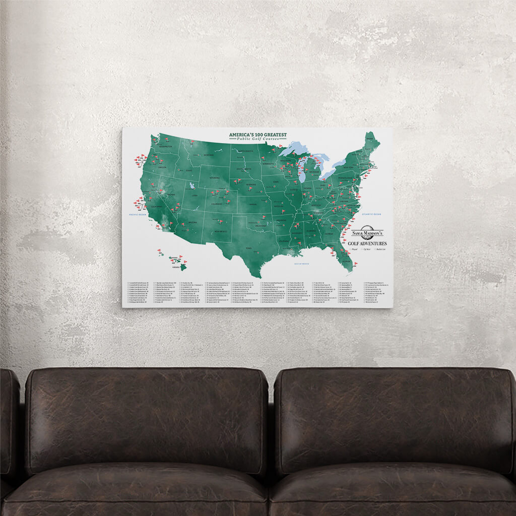 Gallery Wrapped Canvas Map of America&#39;s Top 100 Public Golf Courses - 20 inches by 30 inches