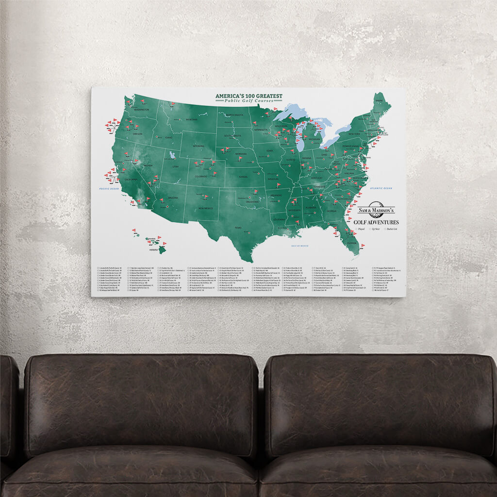 Gallery Wrapped Canvas Map of America&#39;s Top 100 Public Golf Courses - 24 inches by 36 inches