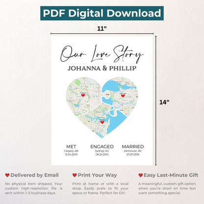 Puzzle Piece Heart Map Art | Personalized Couple Gift | Option 5