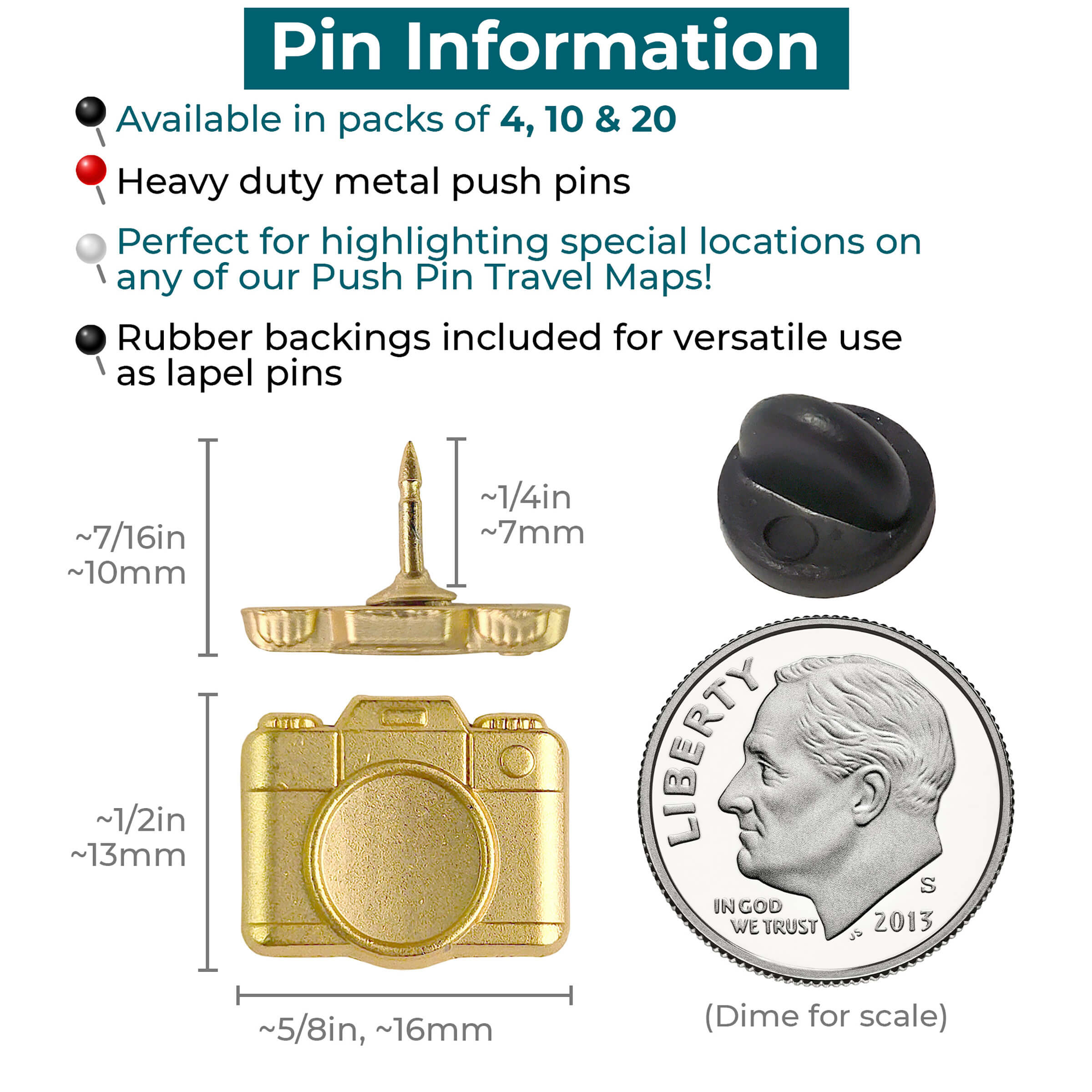 Camera Push Pins - Gold & Silver Metal Camera Pins