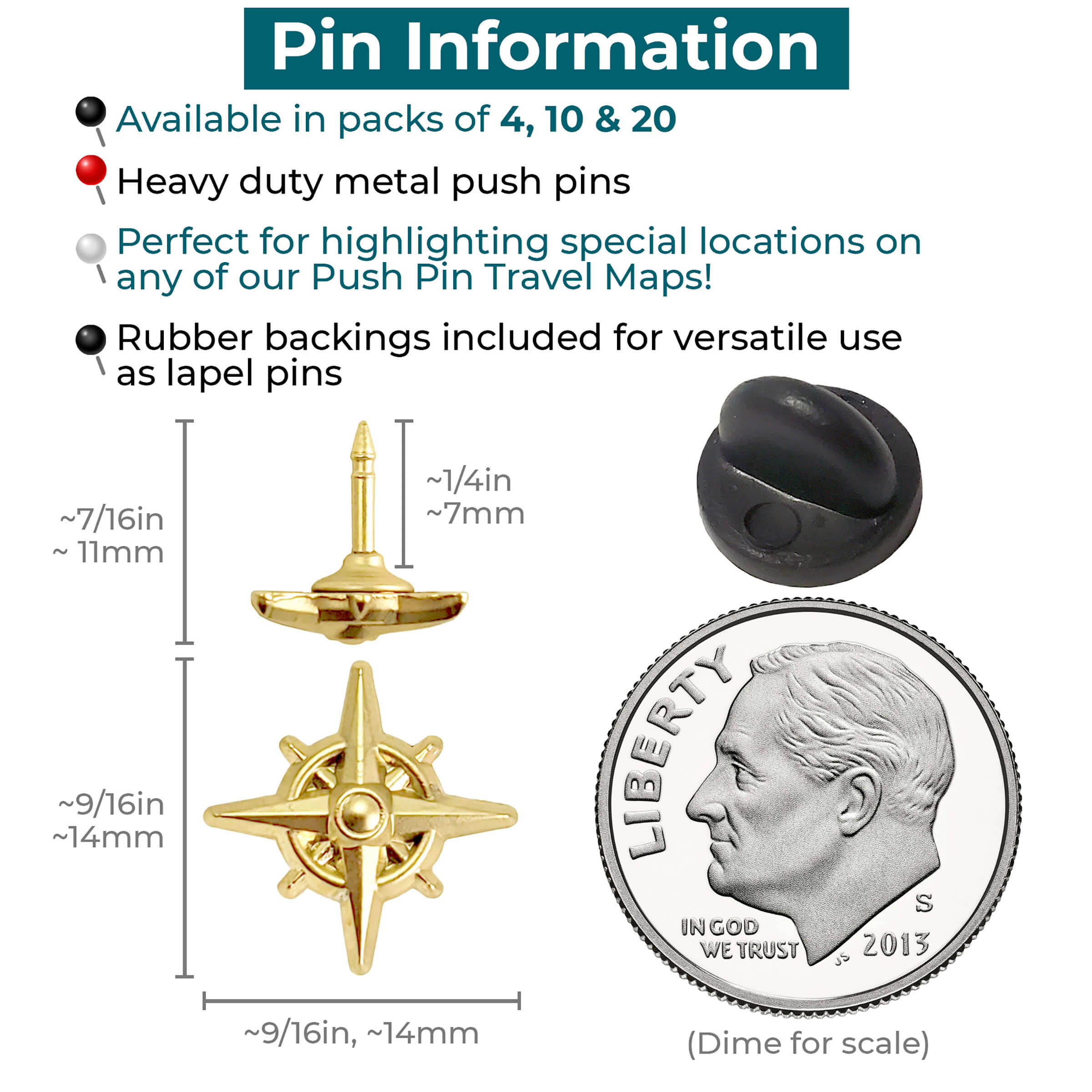 Compass Push Pins - Gold & Silver Metal Compass Rose Pins