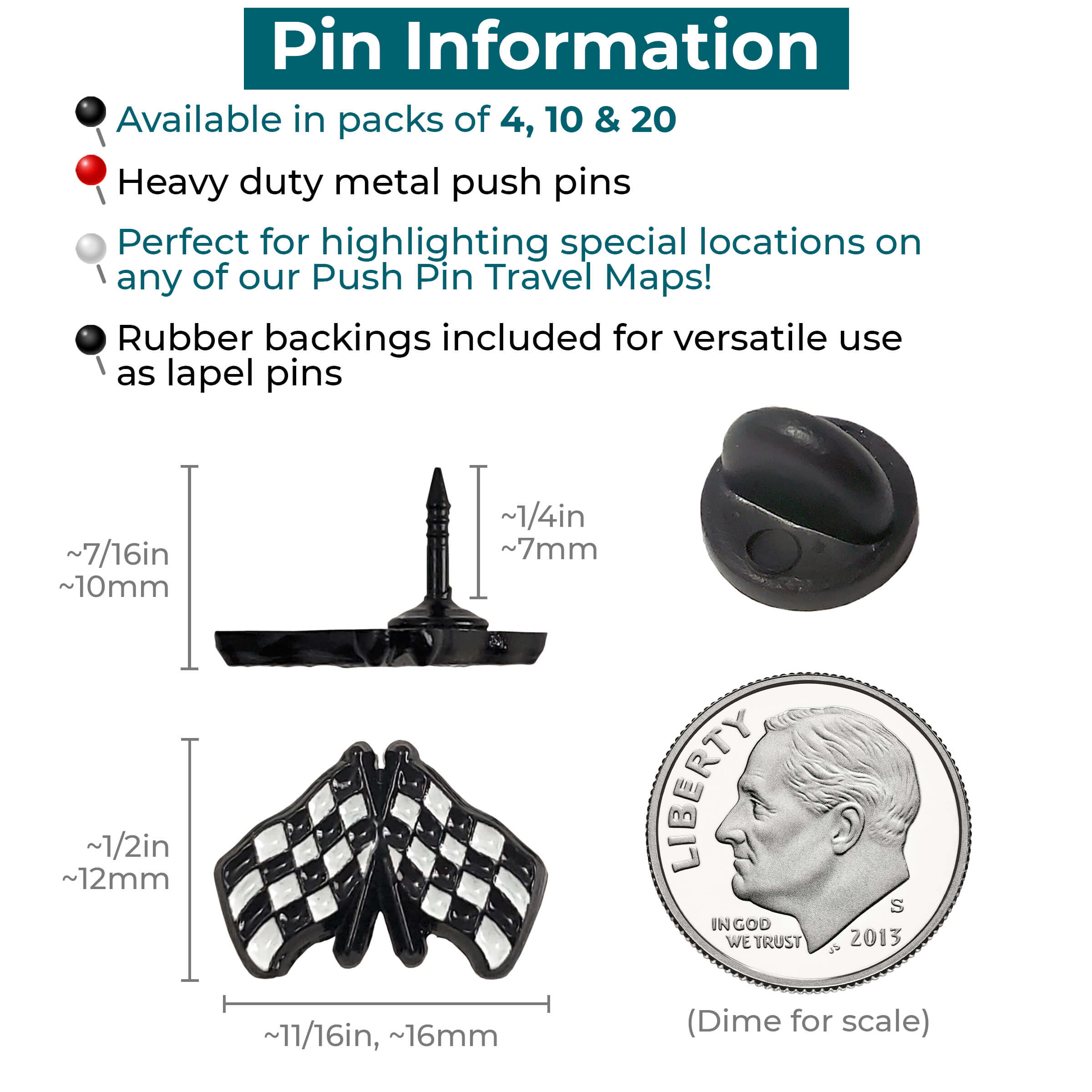 Black & White Race Flag Push Pins Info