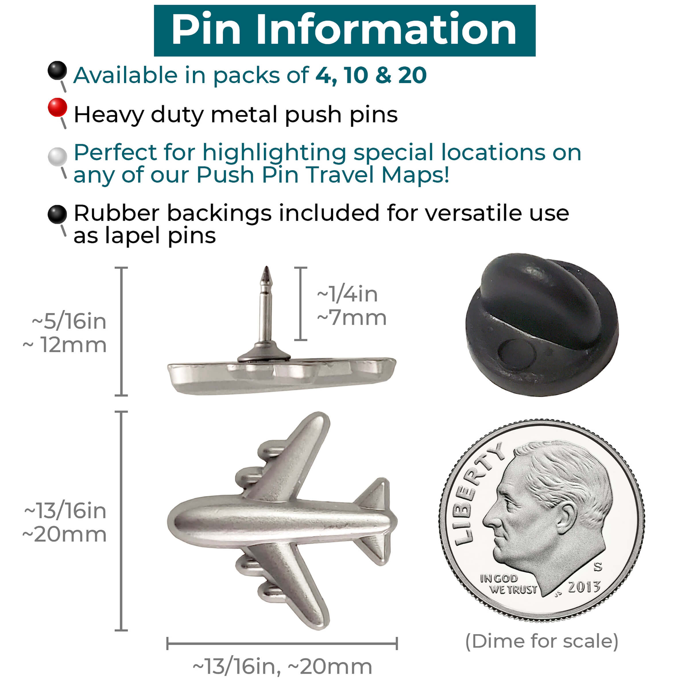 Commercial Airplane Push Pins - Gold & Silver Metal Airplane Map Pins