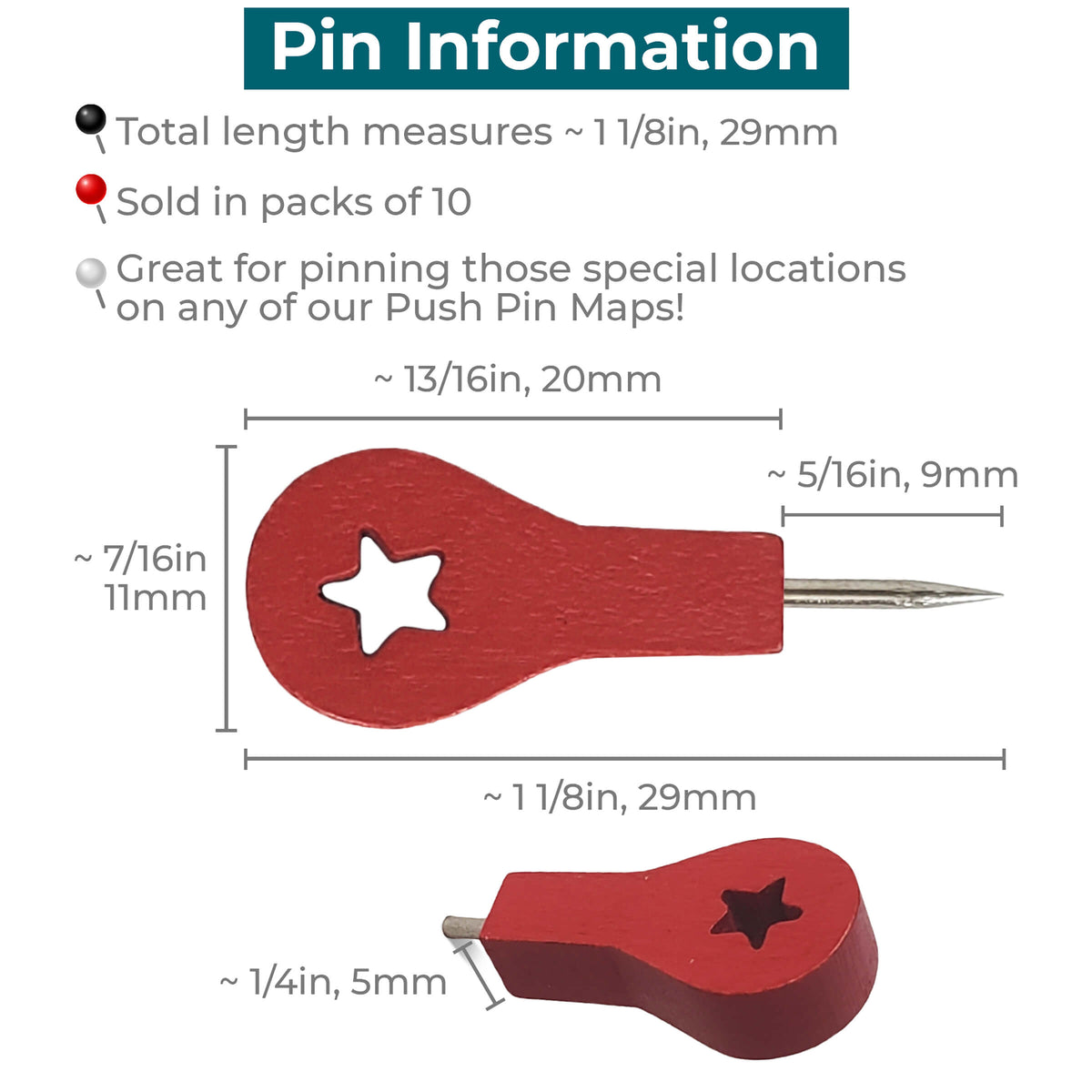 Dimensions of Red Wooden Map Marker Push Pins