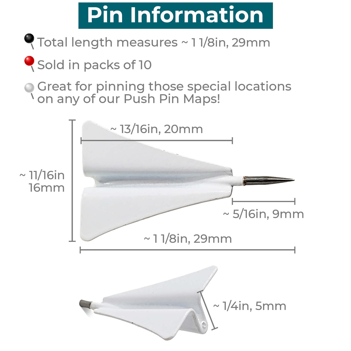 Dimensions of White Metal Paper Plane Shaped Push Pin Tacks