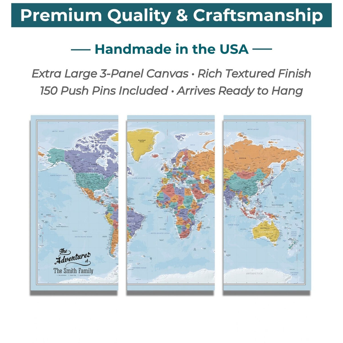 3 Panel - Blue Oceans World Large Travel Map