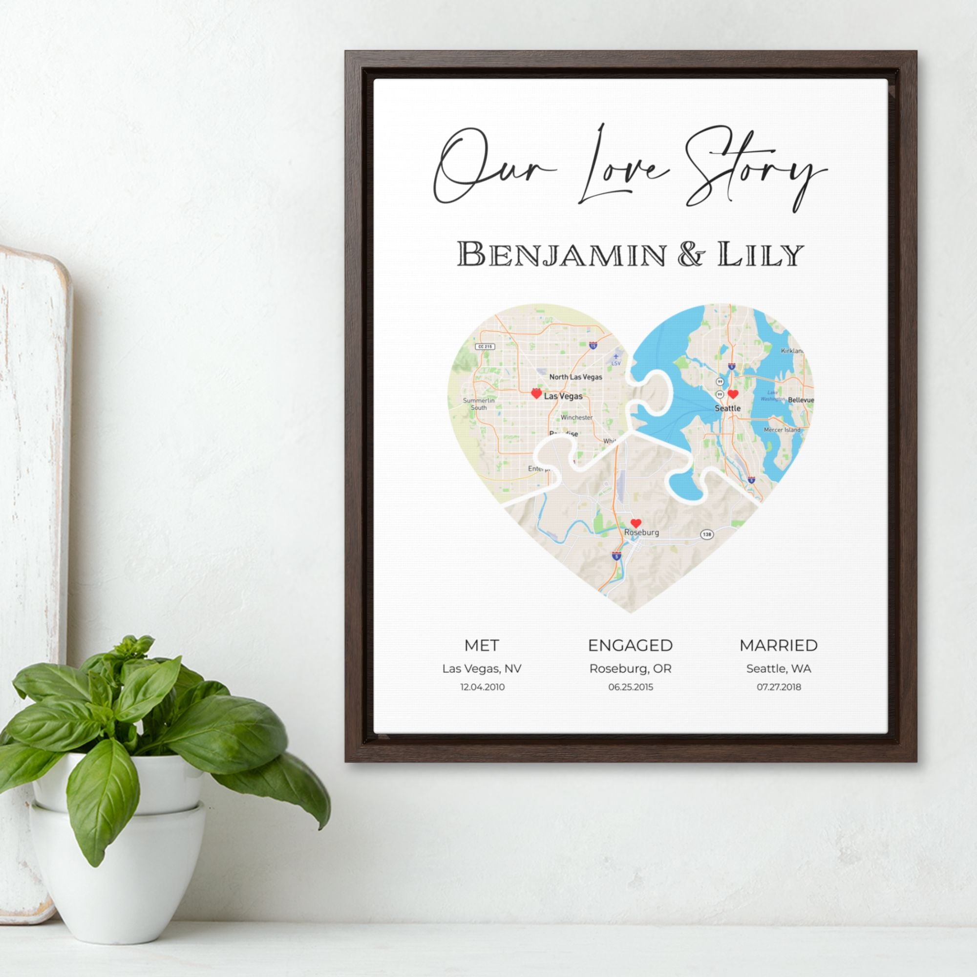 Puzzle Piece Heart Map Art | Personalized Couple Gift | Option 5