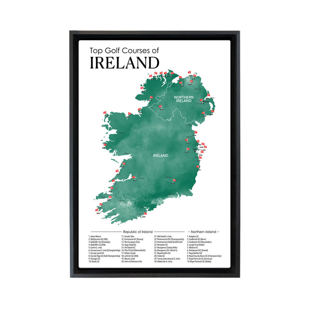 Gallery Wrapped Canvas Top Golf Courses of Ireland Map in Black Float Frame in 16" x 24" size