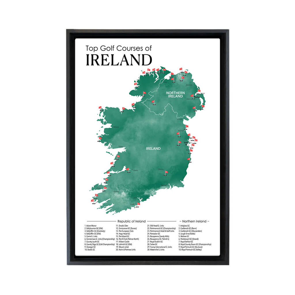 Gallery Wrapped Canvas Top Golf Courses of Ireland Map in Black Float Frame in 16&quot; x 24&quot; size