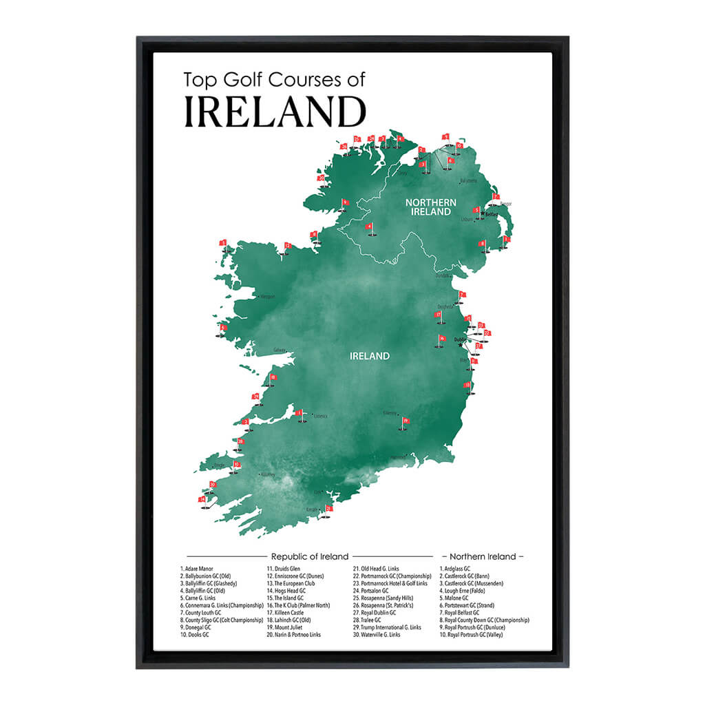 Gallery Wrapped Canvas Top Golf Courses of Ireland Map in Black Float Frame in 24" x 36" size